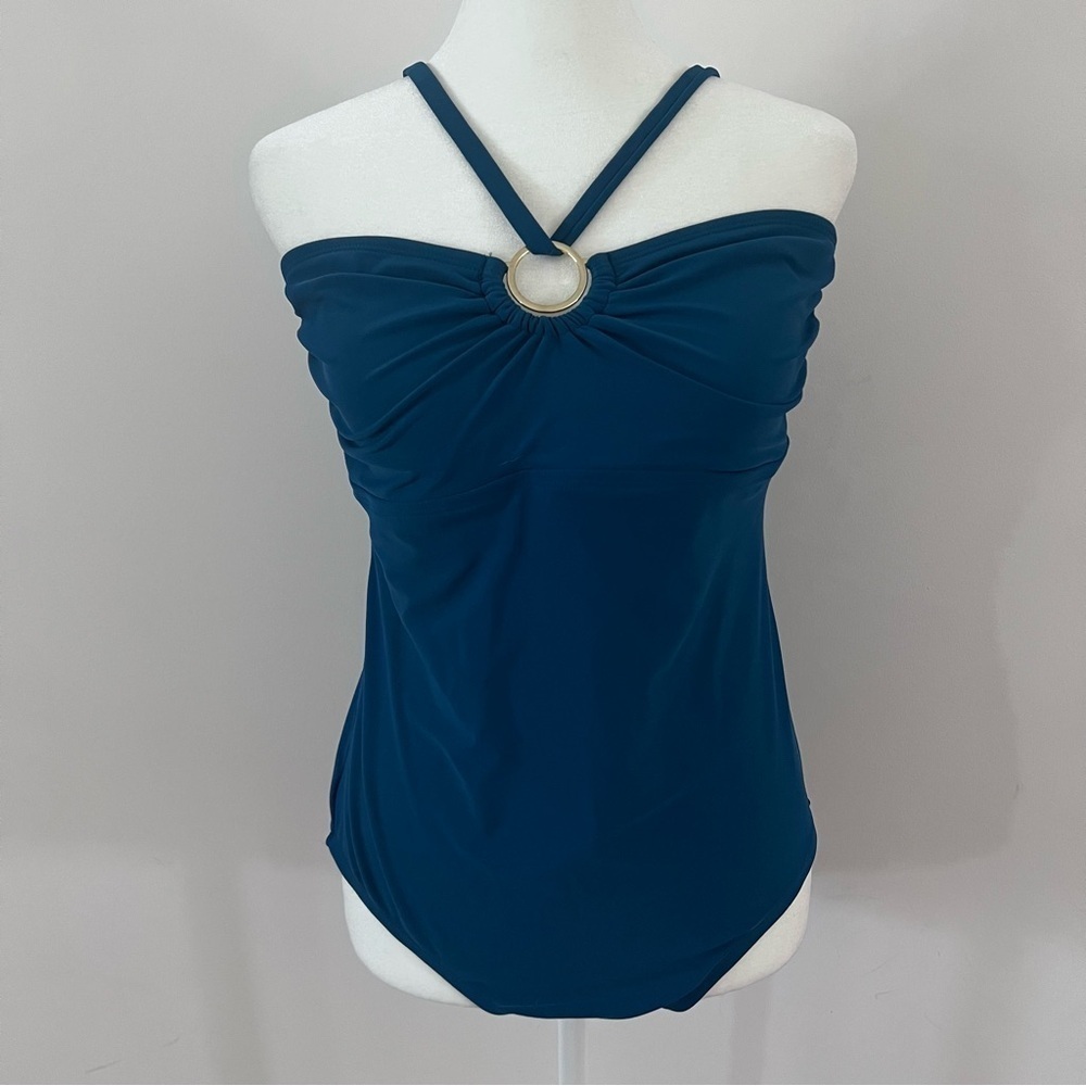 Merona Target Teal Halter One-Piece Swimsuit with Gold Ring Detail |Size Large|